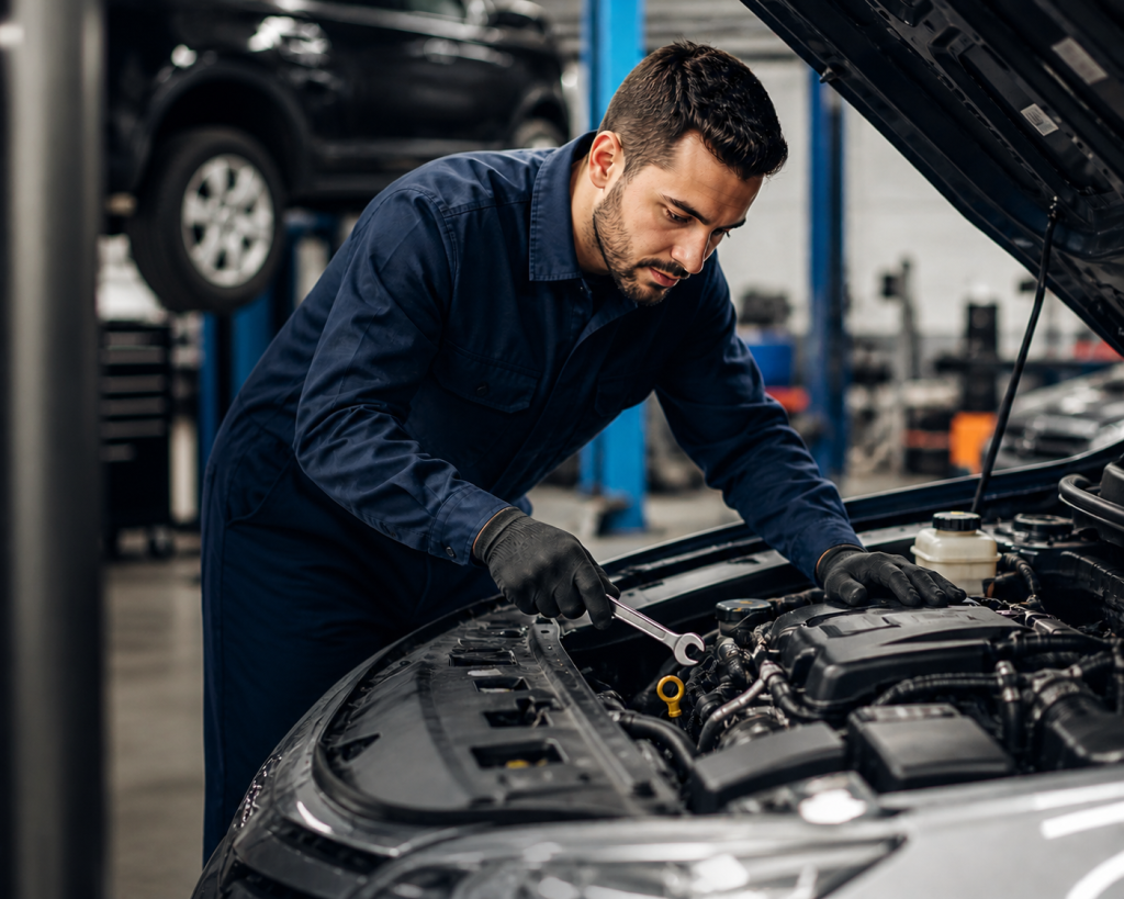 Imagen de un mecánico revisando el motor de un automóvil, destacando la importancia del mantenimiento regular para prolongar la vida útil del vehículo y optimizar su rendimiento.