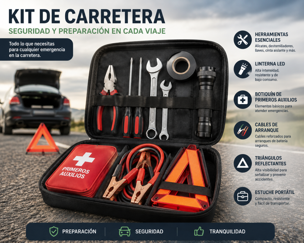 Kit de carretera ideal para autos, incluyendo herramientas esenciales, linterna, botiquín de primeros auxilios, cables de arranque y triángulos reflectantes, todo organizado en un práctico estuche portátil para emergencias en la carretera.